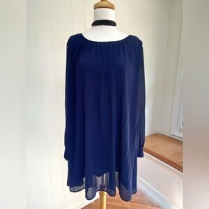 LoveRiche Pleated Chiffon Mini Dress Bishop Sleeve V Open Back Navy L
